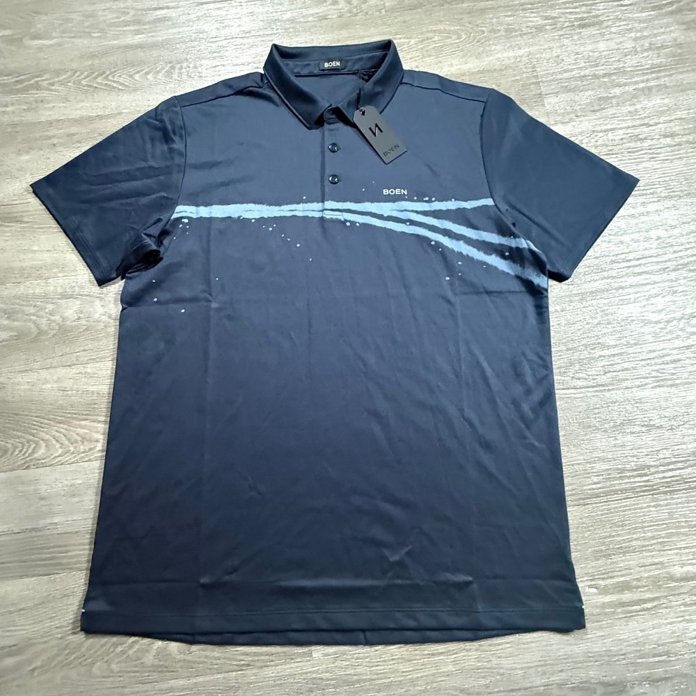 BOEN Offset Bleach Stripe Polo Navy Mens Large Short Sleeve Pima Cotton 1PL0005